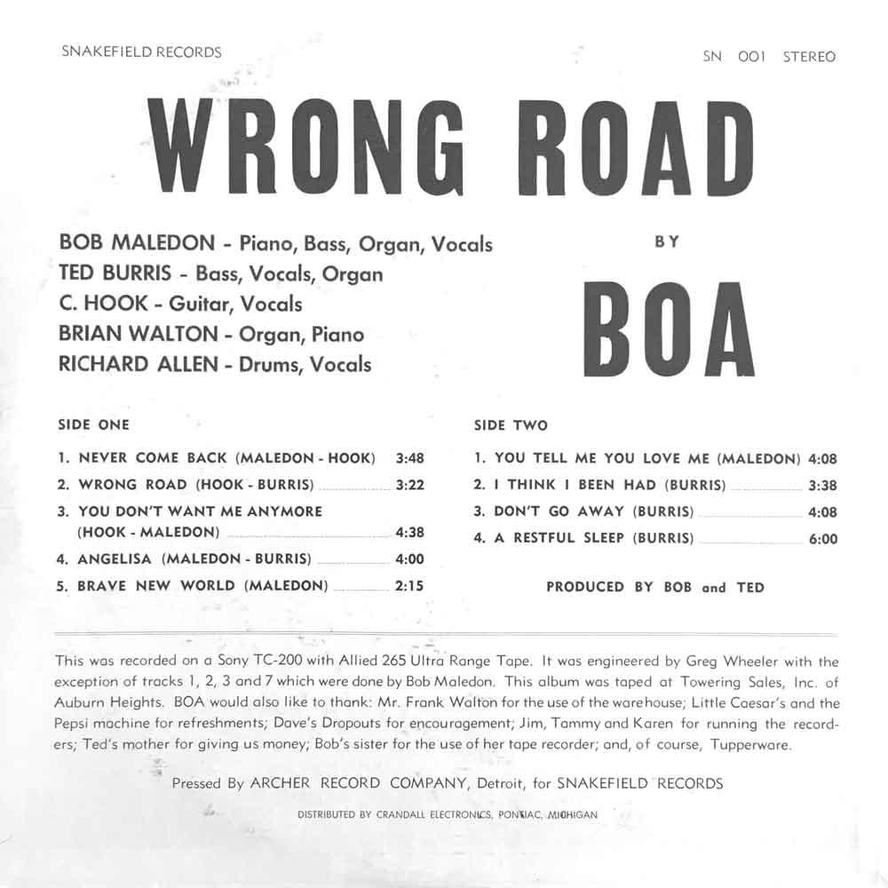 Wrong Road by Boa - back of album cover